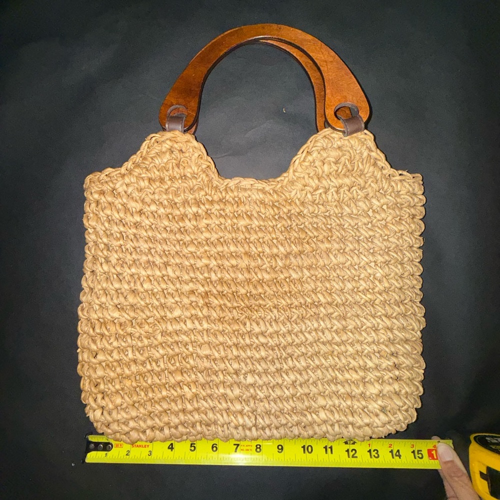 Boho Woven Straw Handbag Wooden Handle Summer Beach Purse - Picture 4 of 8